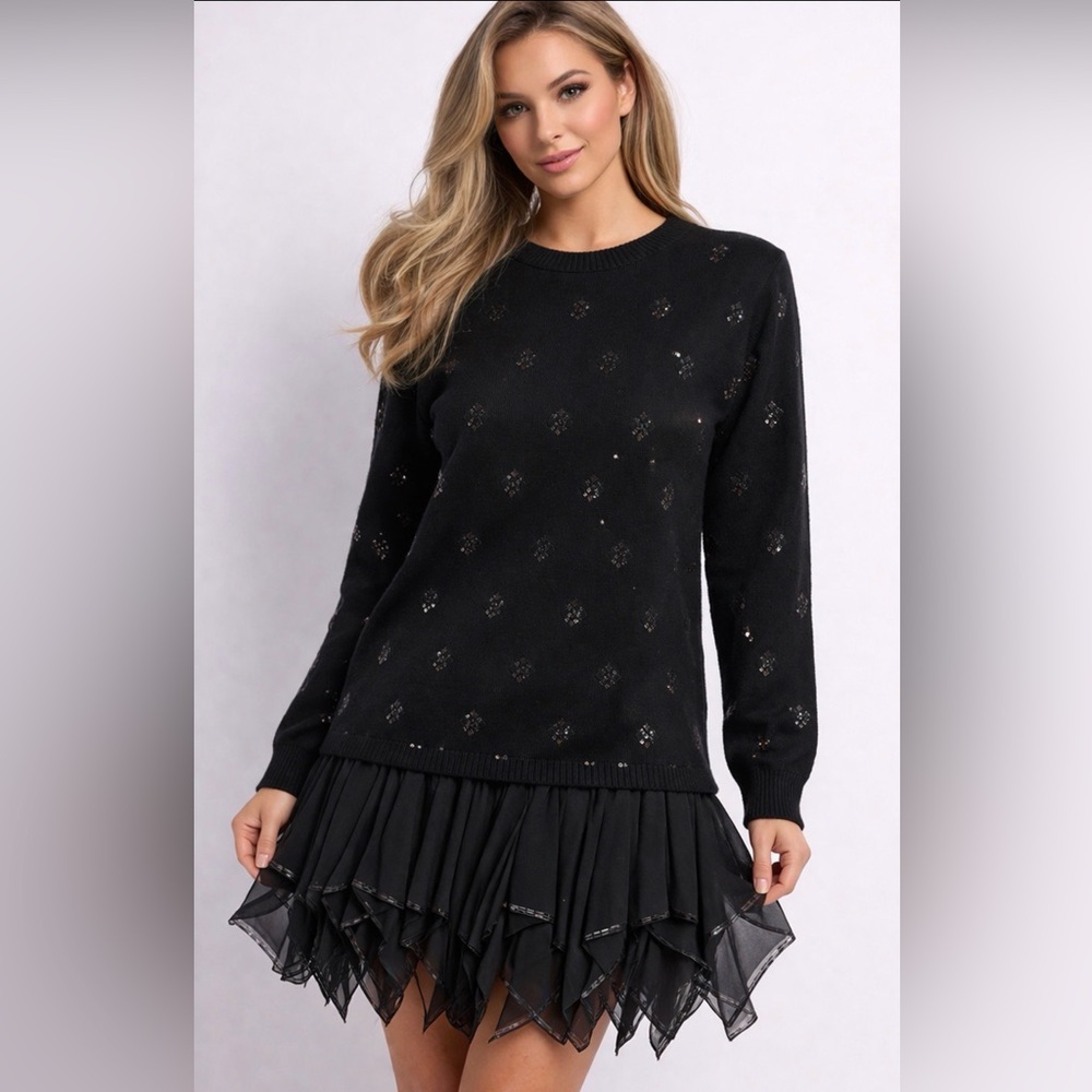 St. John Black Long-Sleeve Knit Dress with Layered Ruffle Hem